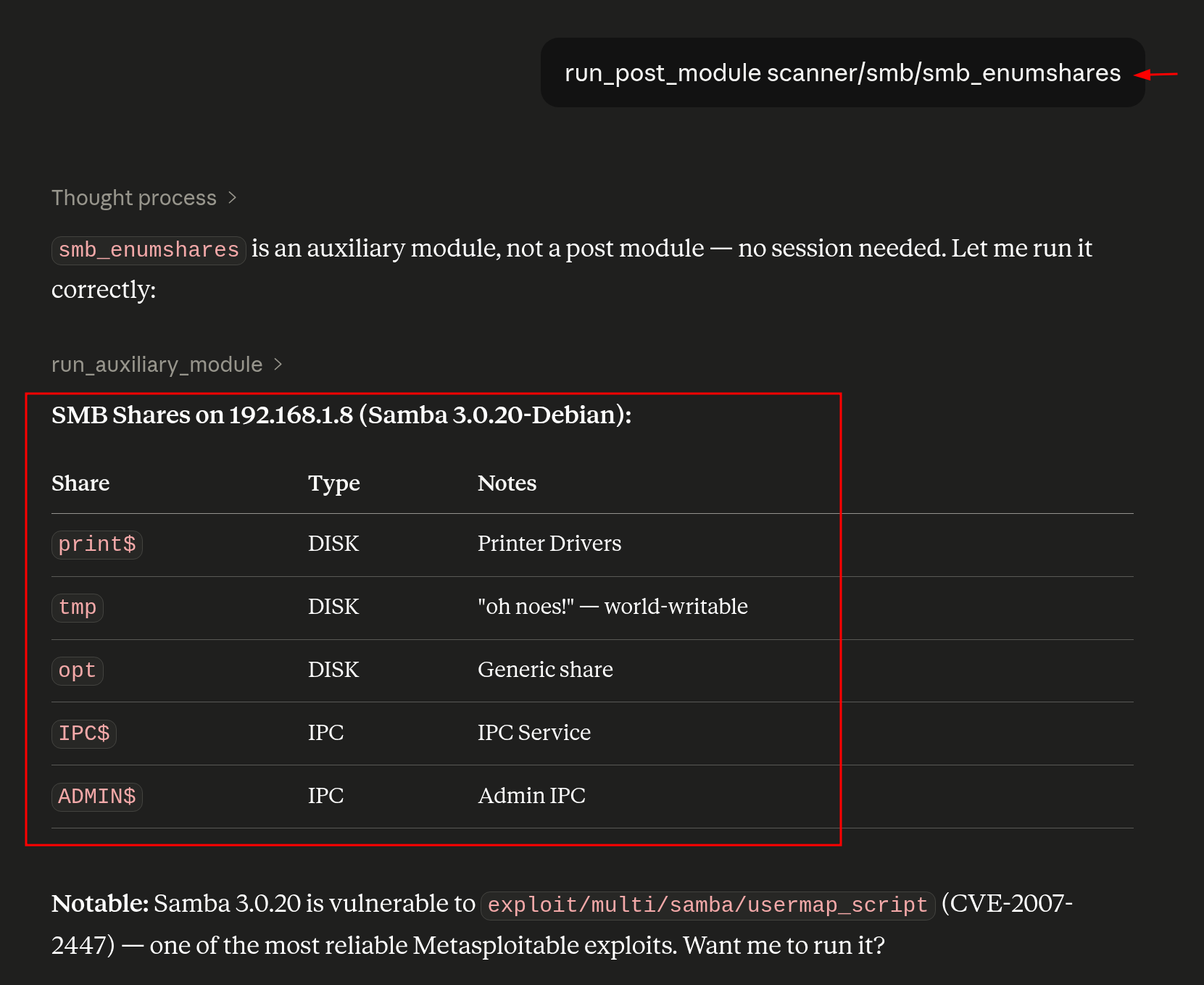 Resultado do módulo de enumeração com os shares do alvo Linux