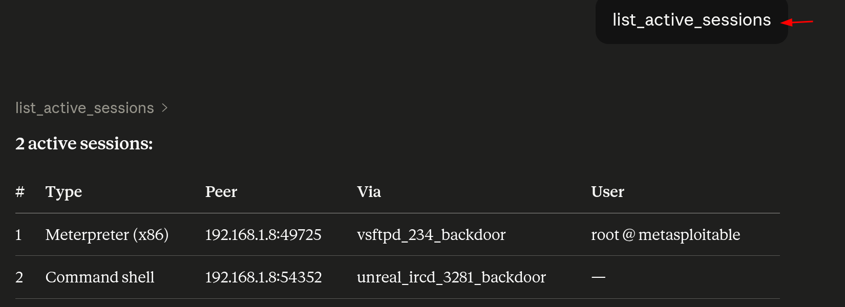Listagem das sessões ativas com Meterpreter root e command shell