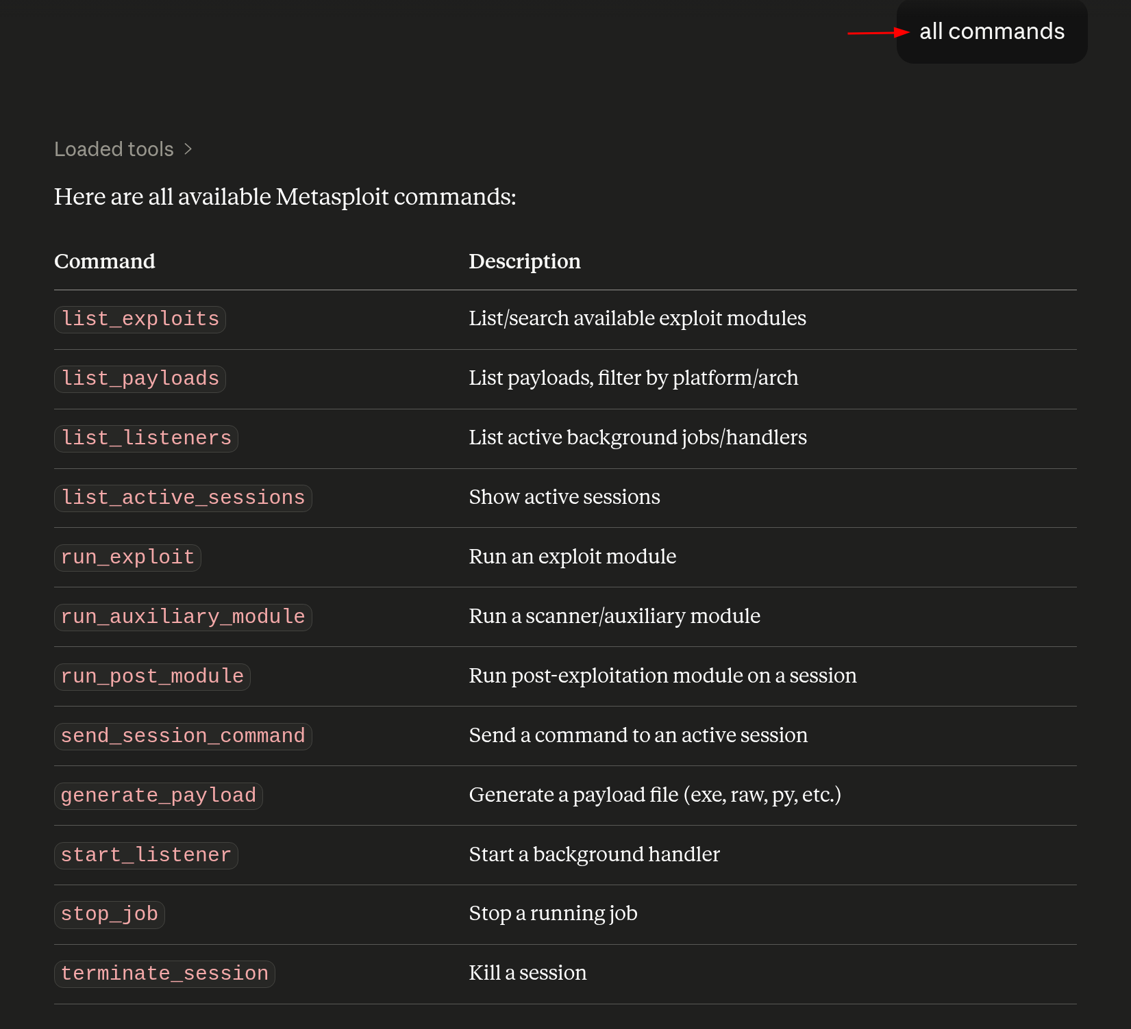 Resposta do assistente com todas as ações disponíveis no conector