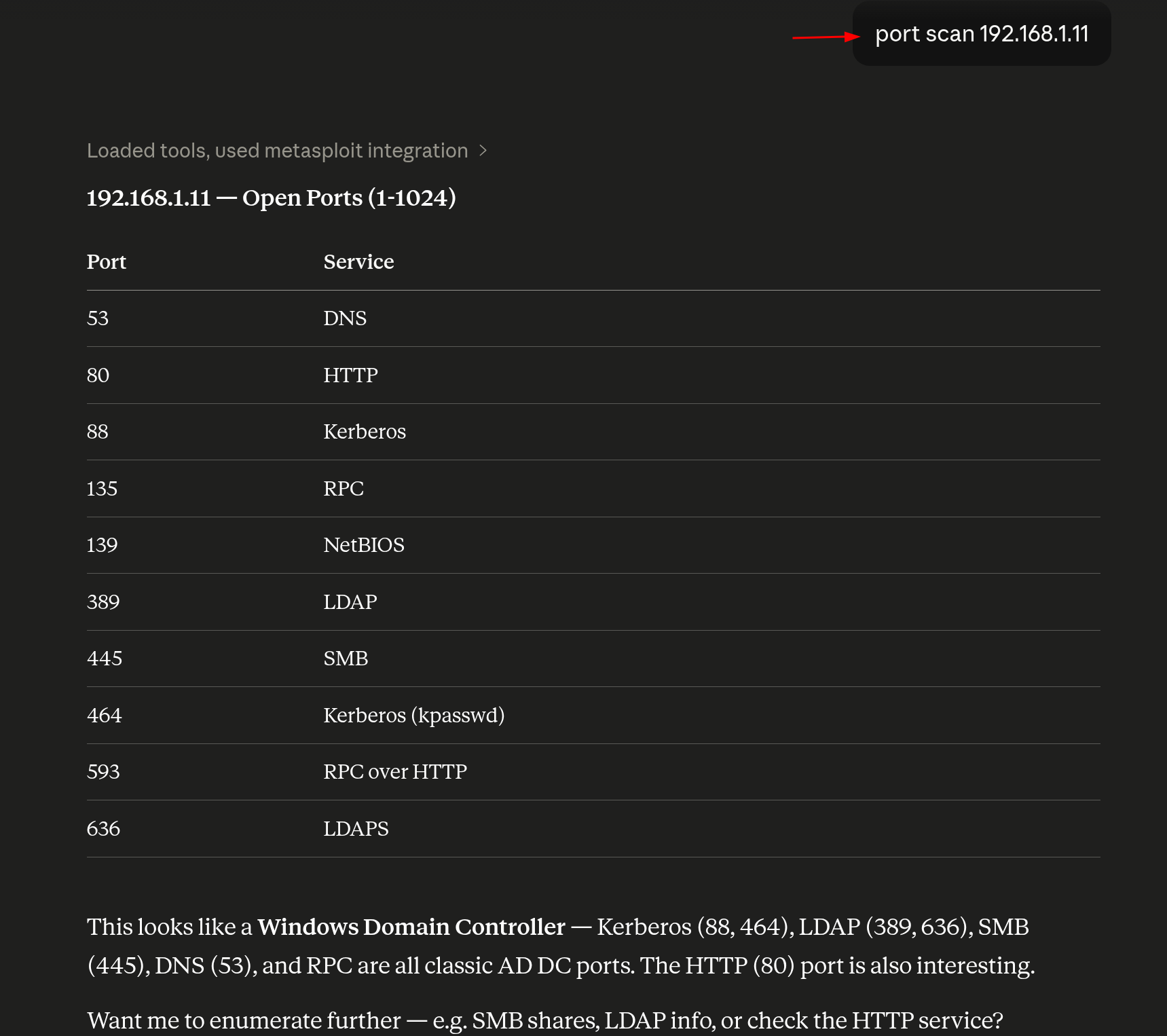 Scan do DC com Kerberos, LDAP, SMB, DNS e RPC identificados