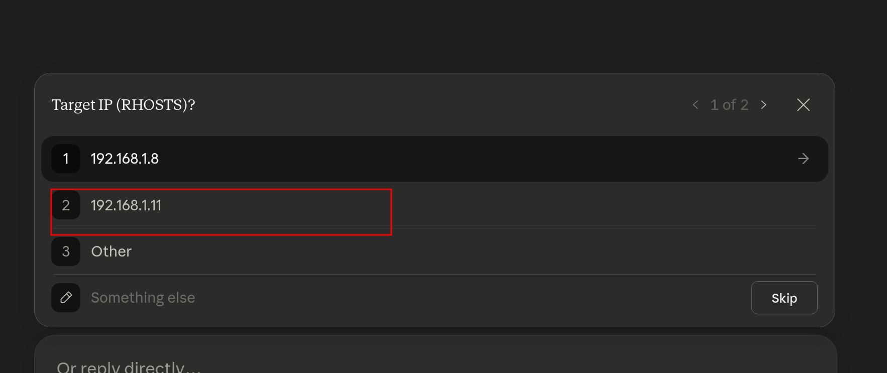 Prompt do assistente confirmando o alvo selecionado