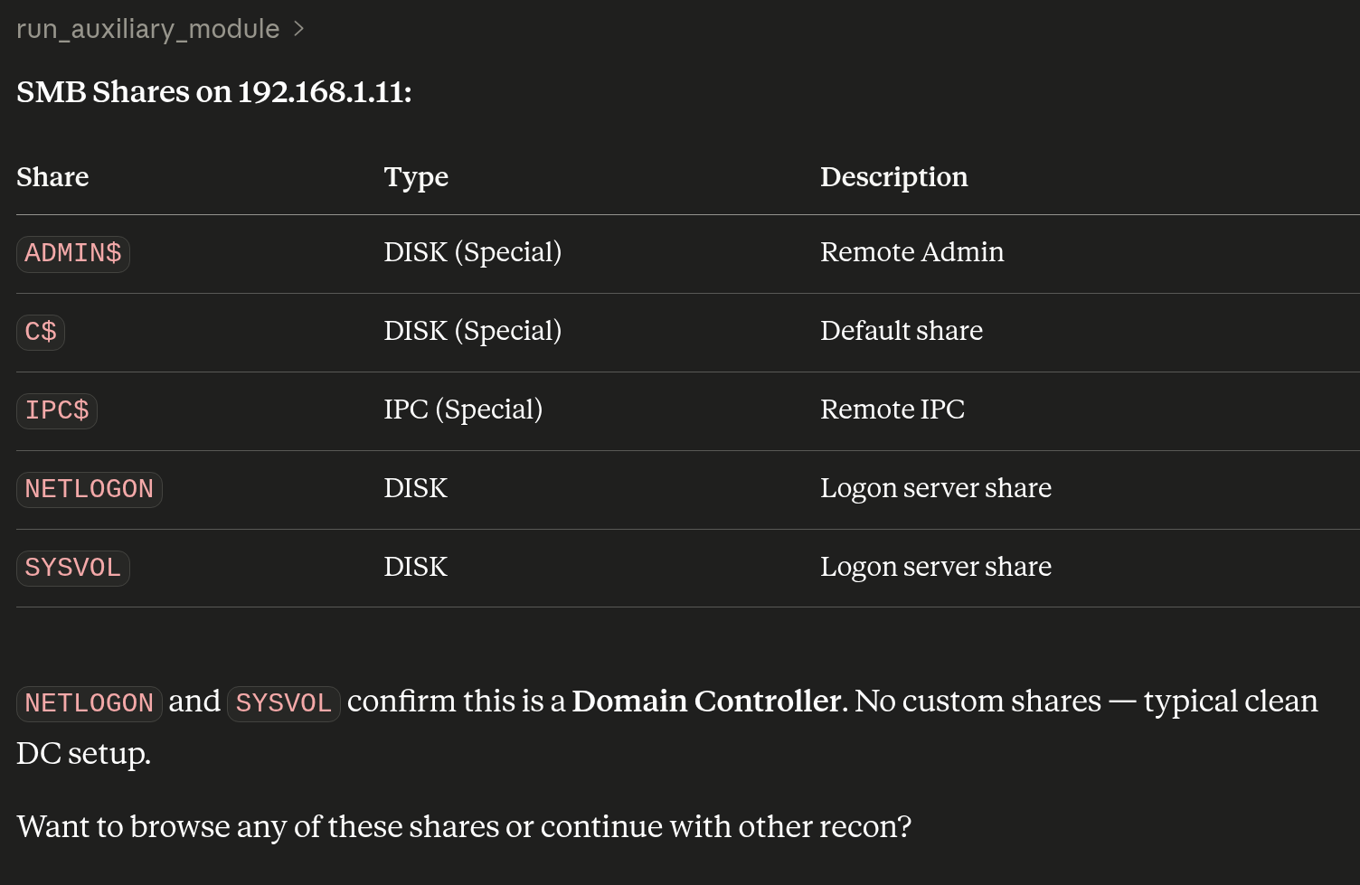 Resultado do módulo com os compartilhamentos padrão do Domain Controller
