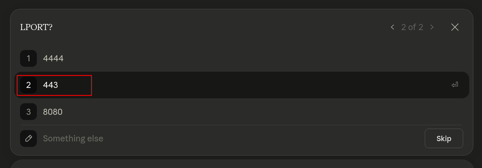 Parâmetro LPORT confirmado com a porta de callback