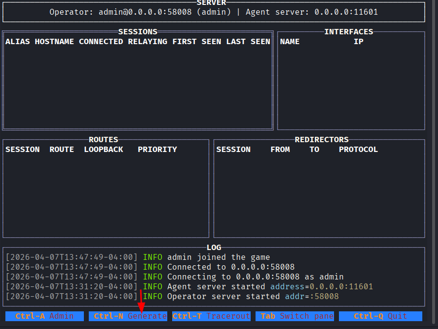 Interface de painel do Ligolo-MP exibindo servidor, sessoes, interfaces, rotas, redirectores e log
