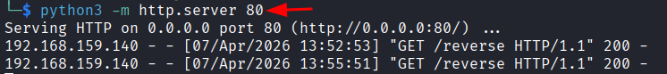 Terminal com o modulo http.server do Python servindo o arquivo na porta 80