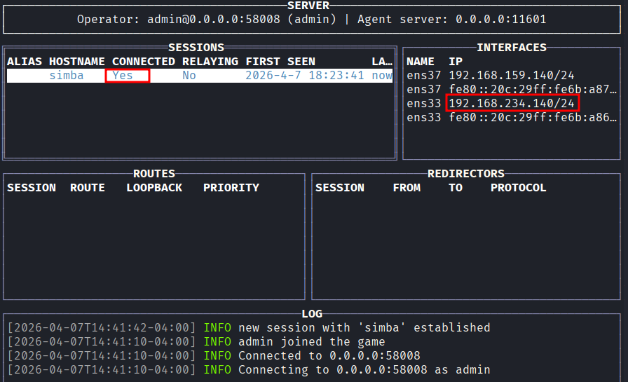 Log do servidor exibindo a conexao de callback do agente Debian na porta 11601