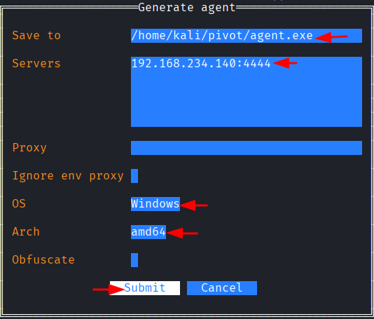 Formulario de geracao do agente preenchido com o endereco do redirector no Debian