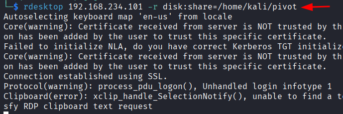 Terminal executando rdesktop com opcao de mapeamento da pasta local do Kali