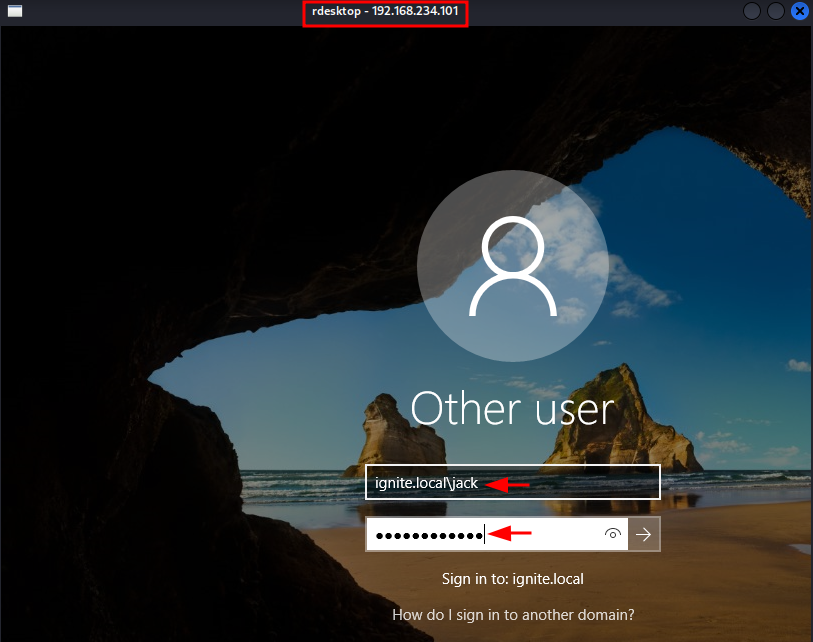 Tela de autenticacao do Windows 10 na sessao RDP iniciada pelo Kali