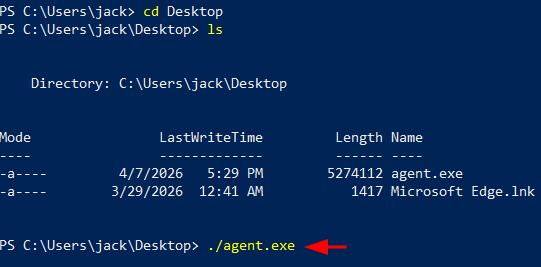 Prompt do Windows executando cd Desktop, ls e o agente copiado