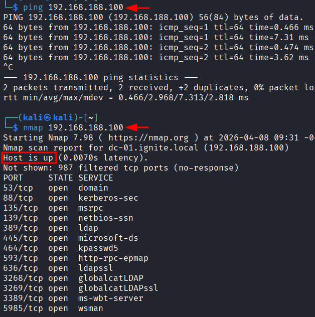 Terminal mostrando ping e varredura nmap contra 192.168.188.100