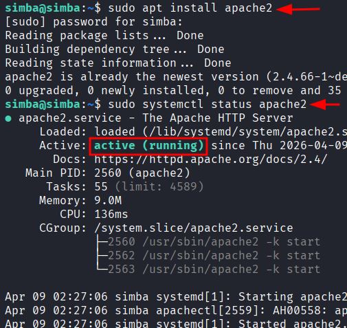 Terminal mostrando a instalacao do apache2 e o status ativo do servico