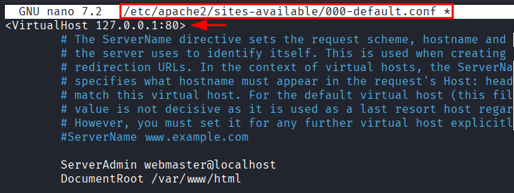 Editor nano com a diretiva VirtualHost do site padrao apontando para 127.0.0.1:80