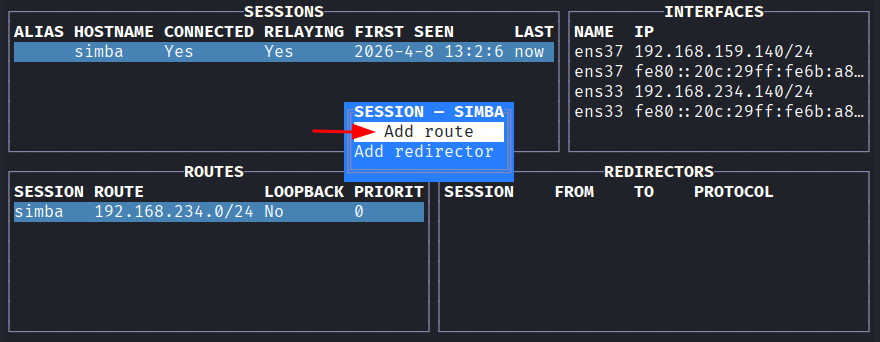 Menu da sessao do Debian destacando a opcao de adicionar rota