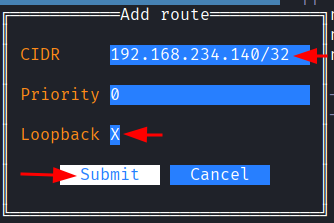 Formulario de rota preenchido com 192.168.234.140/32 e a opcao loopback ativada
