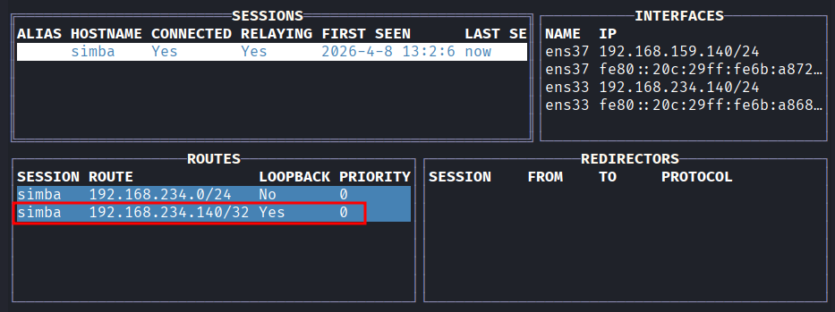 Painel de rotas exibindo a rota de loopback do pivot Debian ativa