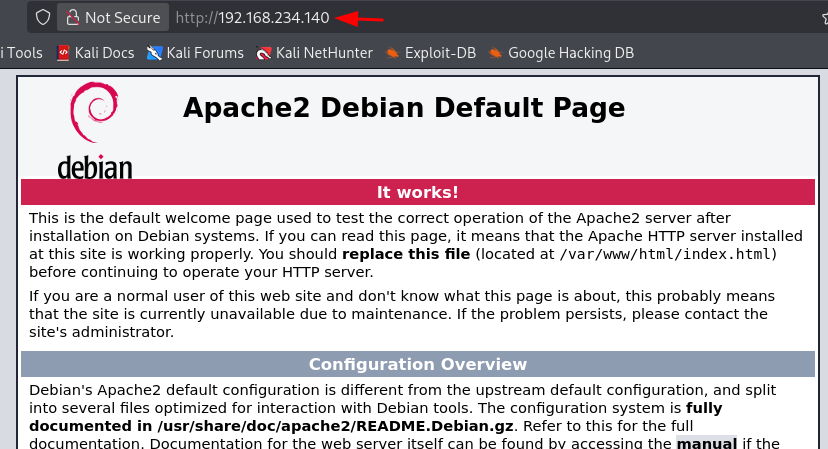 Navegador no Kali exibindo a pagina padrao do Apache2 Debian servida no pivot