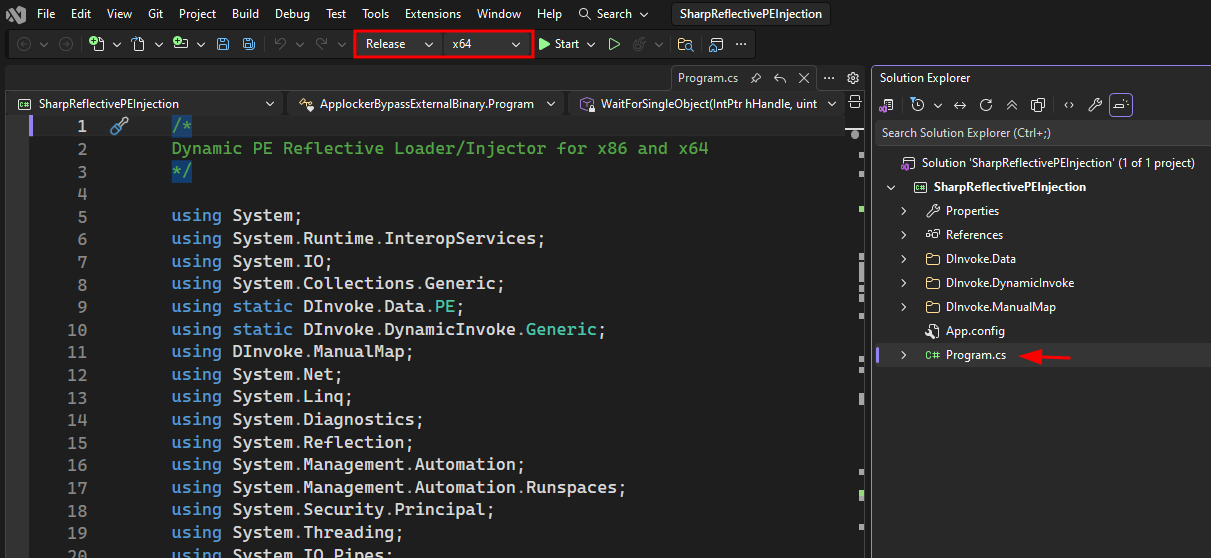 Evidencia tecnica: Abrir Projeto SharpReflectivePEInjection no Visual Studio
