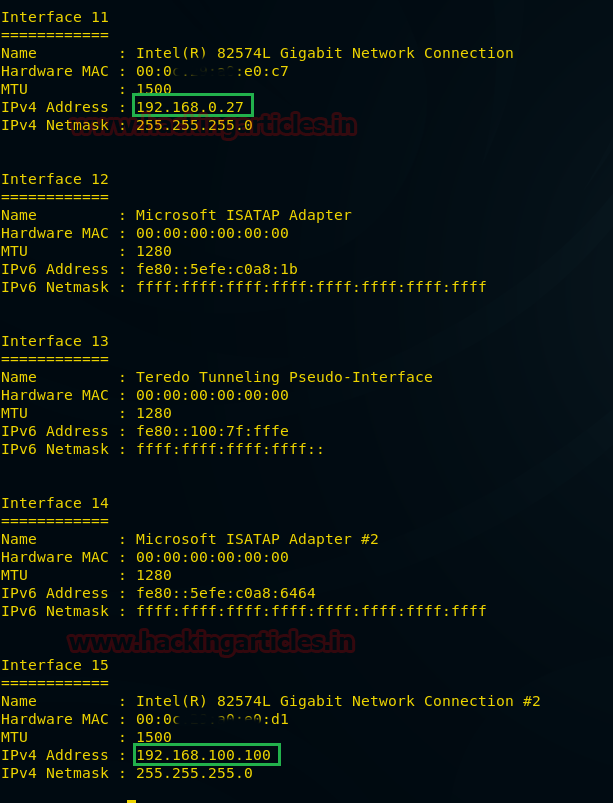 Meterpreter ifconfig exibindo duas interfaces de rede com IPs em segmentos diferentes
