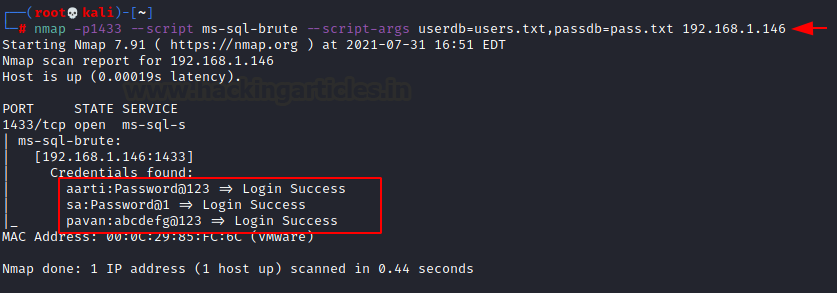 Terminal com a saída do nmap ms-sql-brute exibindo Credentials found com logins válidos recuperados pelos dicionários userdb e passdb