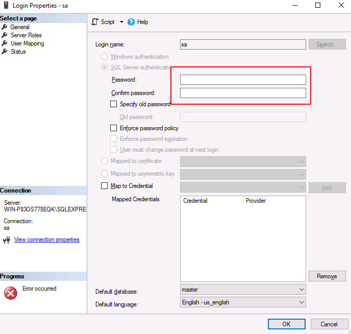 Diálogo Login Properties da conta sa no SQL Server Management Studio com opção SQL Server authentication e campo de senha vazio