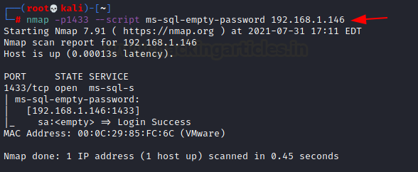 Terminal com a saída do nmap ms-sql-empty-password exibindo Login Success para a conta sa com senha vazia