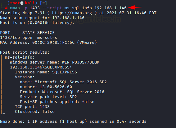 Terminal com a saída do nmap ms-sql-info exibindo Windows server name, instância SQLEXPRESS e versão Microsoft SQL Server 2016 SP2