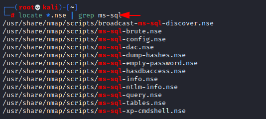 Terminal do Kali Linux mostrando a saída de locate com os arquivos ms-sql-brute.nse, ms-sql-info.nse, ms-sql-query.nse e demais scripts NSE de MS-SQL