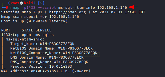 Terminal com a saída do nmap ms-sql-ntlm-info exibindo Target_Name, NetBIOS_Computer_Name e Product_Version do host Windows