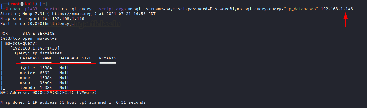 Terminal com a saída do nmap ms-sql-query executando sp_databases e listando o banco ignite com tamanho de banco de dados