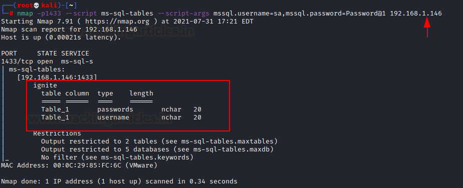 Terminal com a saída do nmap ms-sql-tables listando a tabela Table_1 e a coluna passwords do banco ignite