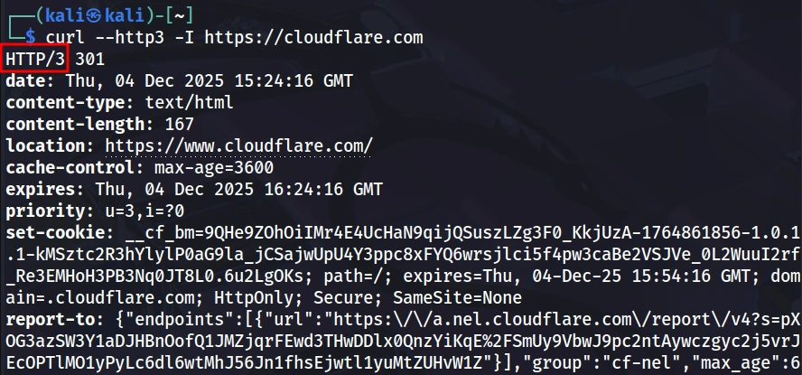 Terminal Kali Linux executando curl com flag http3 recebendo resposta HTTP/3 301 com headers de data, content-type, location e cache-control