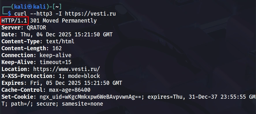 Terminal Kali Linux executando curl com flag http3 recebendo resposta HTTP/1.1 301 Moved Permanently com headers do servidor legado