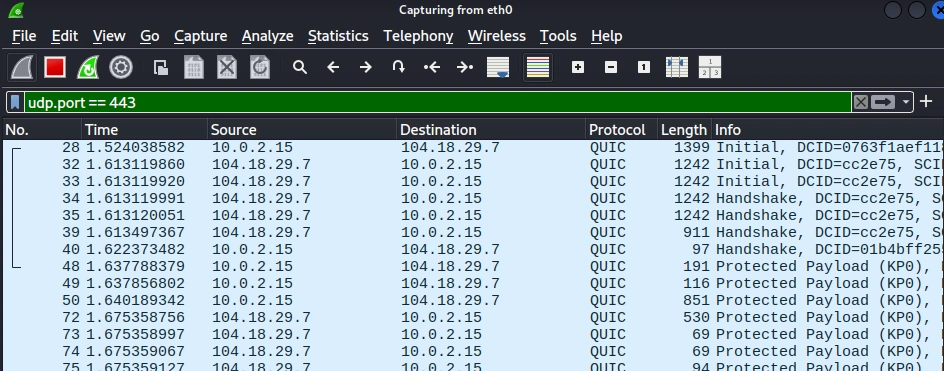 Interface do Wireshark com lista de pacotes QUIC filtrada por porta UDP 443 mostrando pacotes Initial, Handshake e Protected Payload com DCIDs