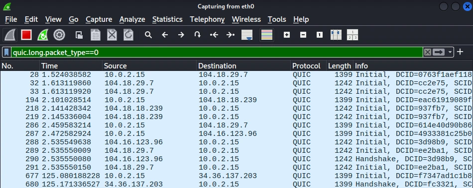 Interface do Wireshark exibindo apenas pacotes QUIC Initial com o filtro de tipo de long header aplicado