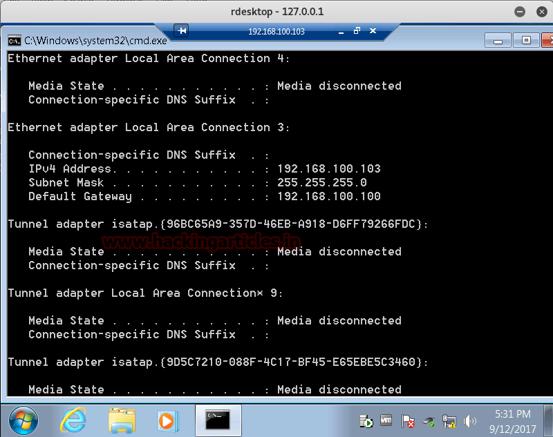 Área de trabalho remota Windows 7 acessada através do túnel Metasploit