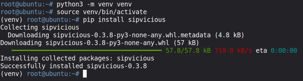 Saida do terminal durante a instalacao do pacote sipvicious via pip
