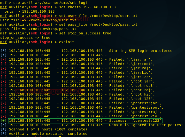 Console Metasploit mostrando sucesso de autenticação SMB com usuário pentest