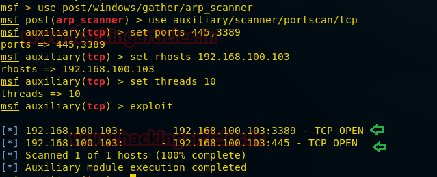 Saída do auxiliary/scanner/portscan/tcp mostrando portas TCP OPEN 3389 e 445