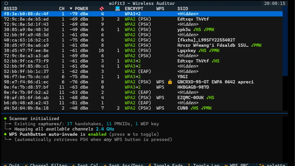 Tela do Wifit3 exibindo a lista de redes Wi-Fi com colunas de sinal e criptografia e handshakes capturados